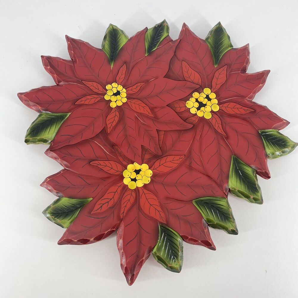 Collections Etc. 14” Poinsettia Christmas Lazy Susan Wood Turntable Holiday